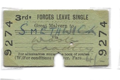 1955 Great Malvern to Smethwick 3rd Forces Leave Sgl Railway Ticket Rly Exec (W)