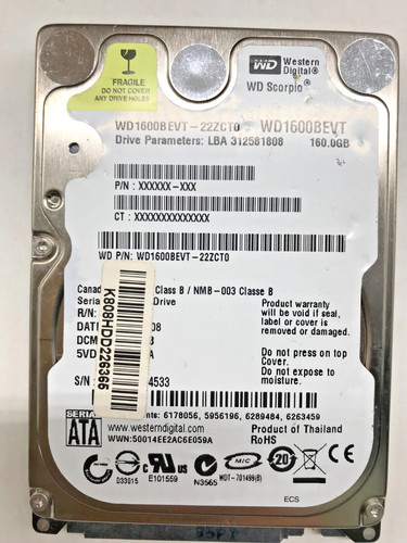 160 GB SATA NOTEBOOK  FESTPLATTE WESTERN D.Scorpio WD1600BEVT 22ZCT0 2,5"#NFP684