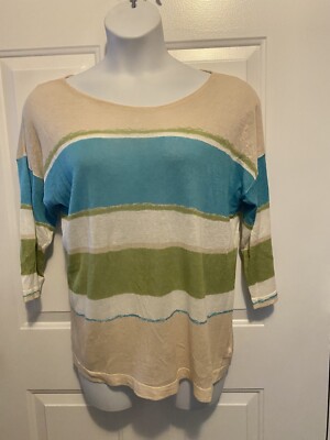 Charter Club Striped Linen Blend Aqua Green White Shirt Women's XL