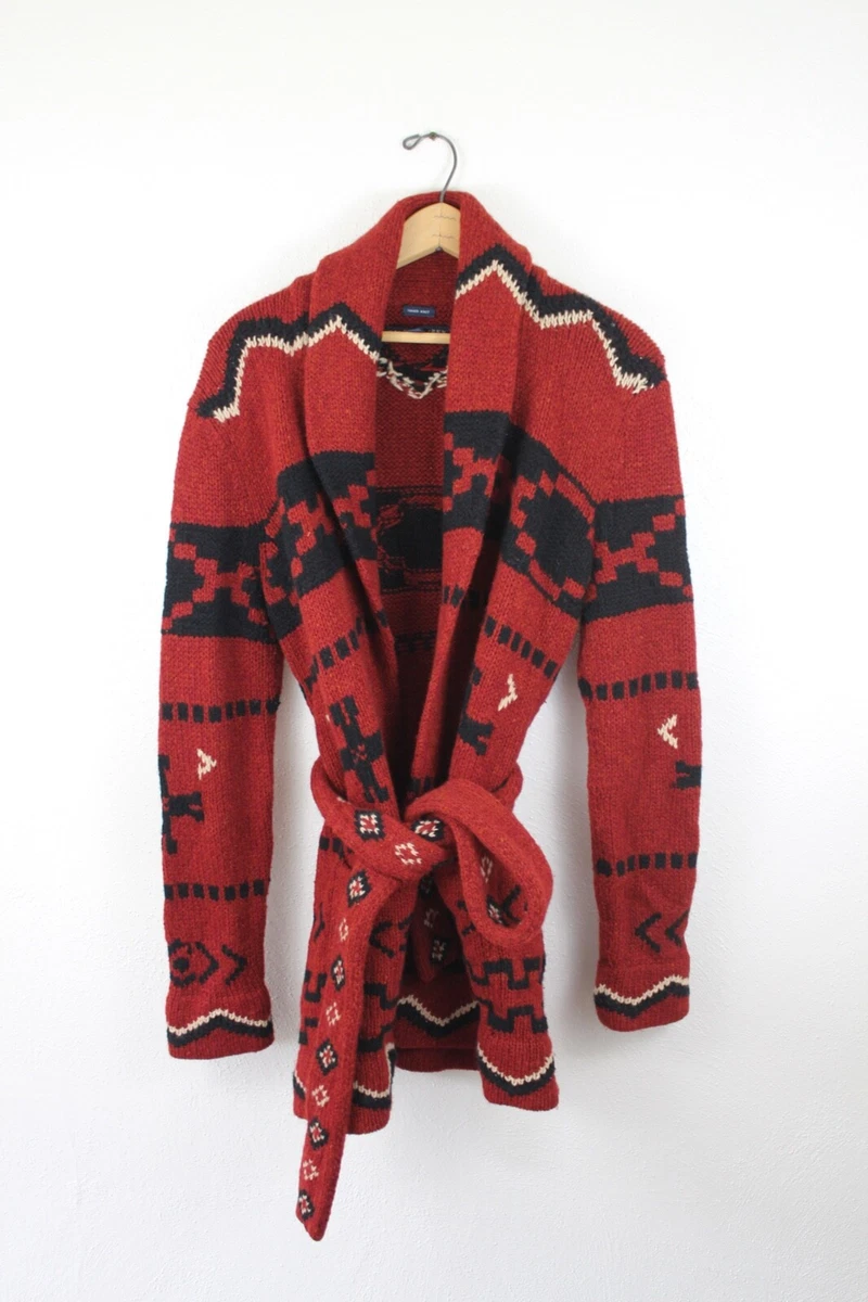 Ralph Lauren Hand Knit Wool Shawl Collar Cardigan Sweater Coat Aztec Belted RRL