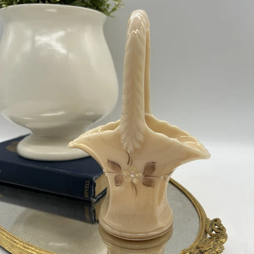 Vintage Westmoreland Almond Milk Glass Basket Hand Painted Florals