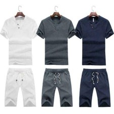 M-5XL 2pc set mens Linen t shirt tops shorts Cropped pants sportswear Trousers B