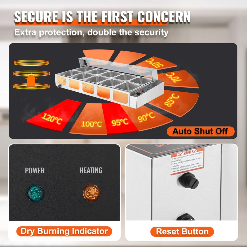 VEVOR Scaldavivande Commerciale 8 x 8,8 L Scaldavivande da Tavolo 1700 W Argento - Immagine 4 di 4