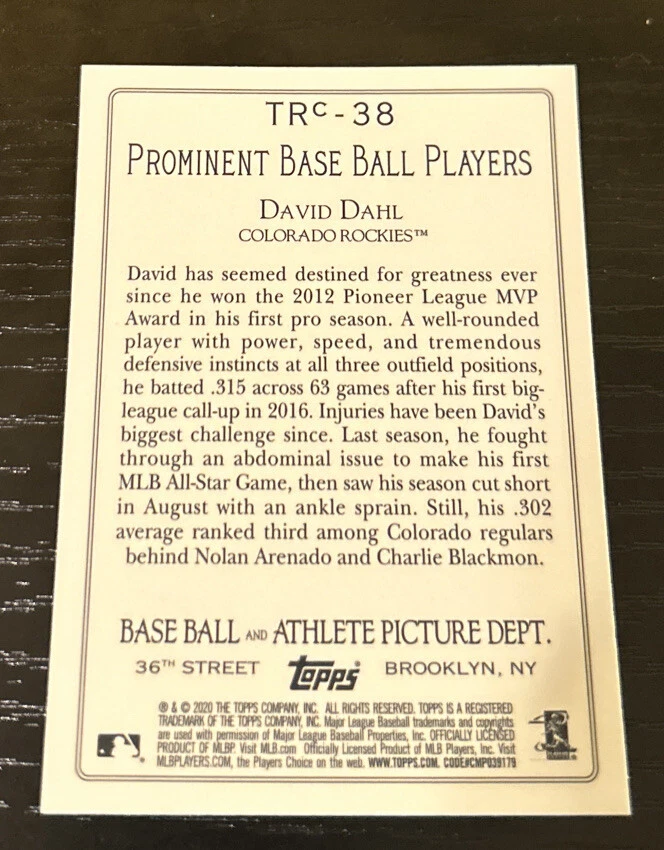 2020 Topps Chrome Turkey Red David Dahl - Image 2 of 2