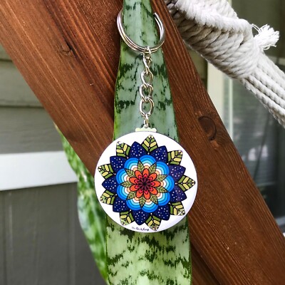 Rainbow Flower Mandala Art Keychain Geometric Keyring Handmade