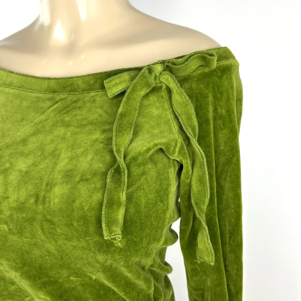 Y2K Vintage Juicy Couture Top Womens Size S Green Velour Off Shoulder Bow Shirt - Image 2 of 4