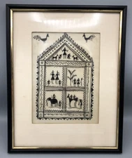 Warli Tribal Ritual Folk Art Painting by Artist Orrissa Panels Framed Vintage