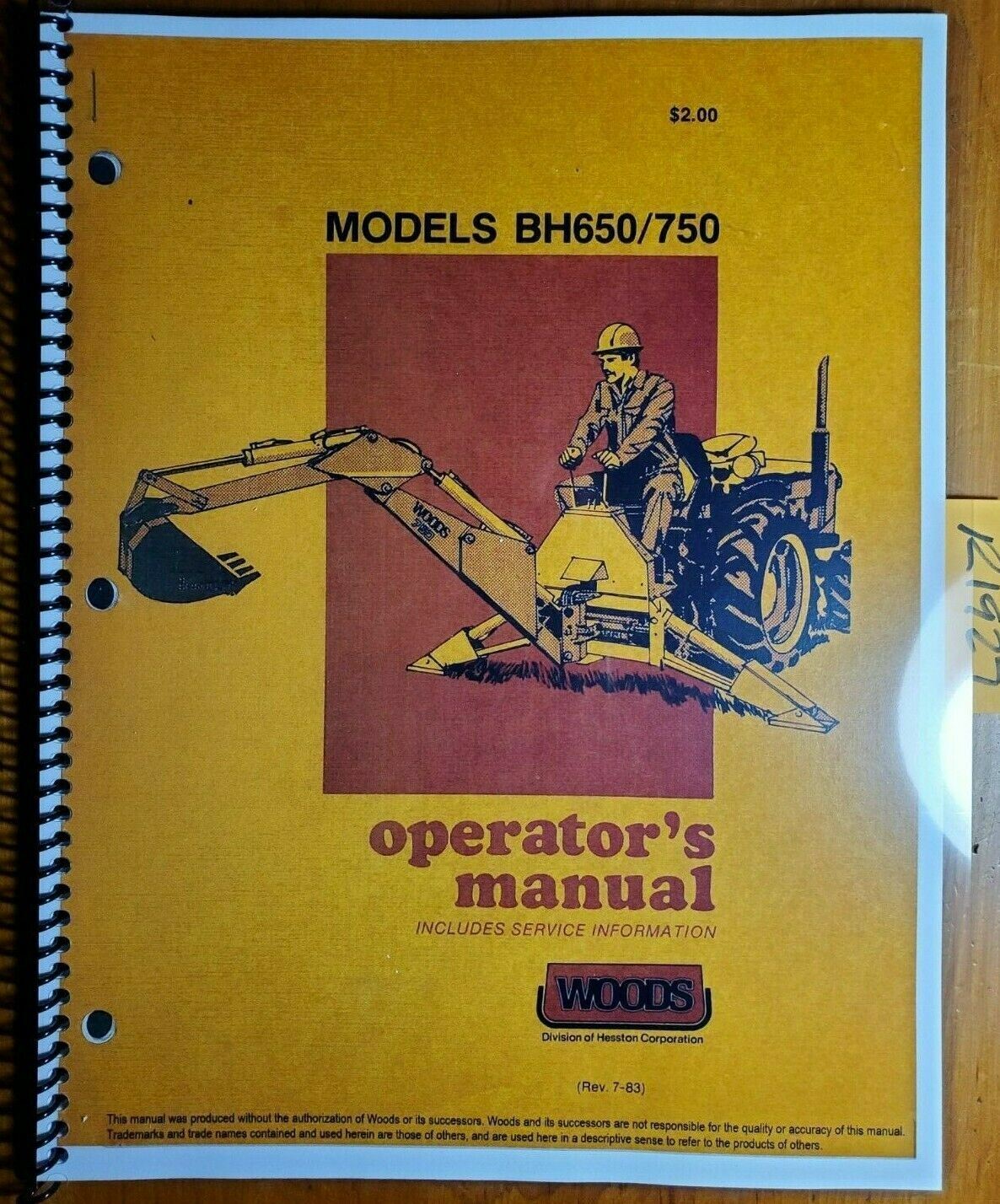 Woods BH650 BH750 Backhoe Owner's Operator's & Parts Manual F6988 7/83