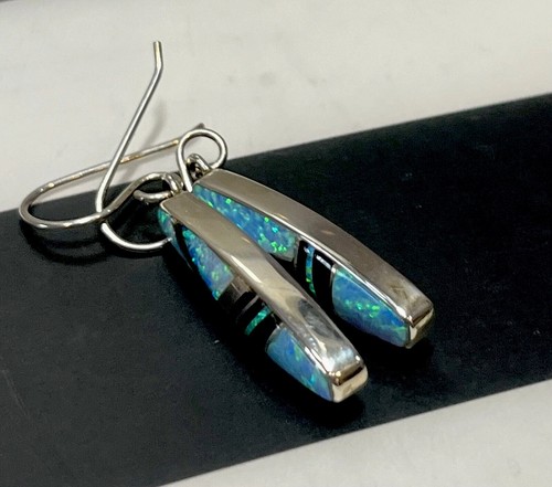 Opal And Onyx Inlay signed Sterling Silver Drop Dangle Southwestern Earrings - Picture 4 of 5