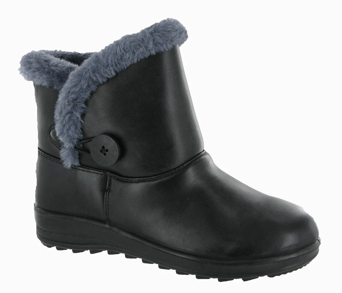 LADIES BLACK CUSHION WALK ANKLE FUR SNUG TOGGLE WINTER WEDGE BOOTS UK 3 8 CARLY