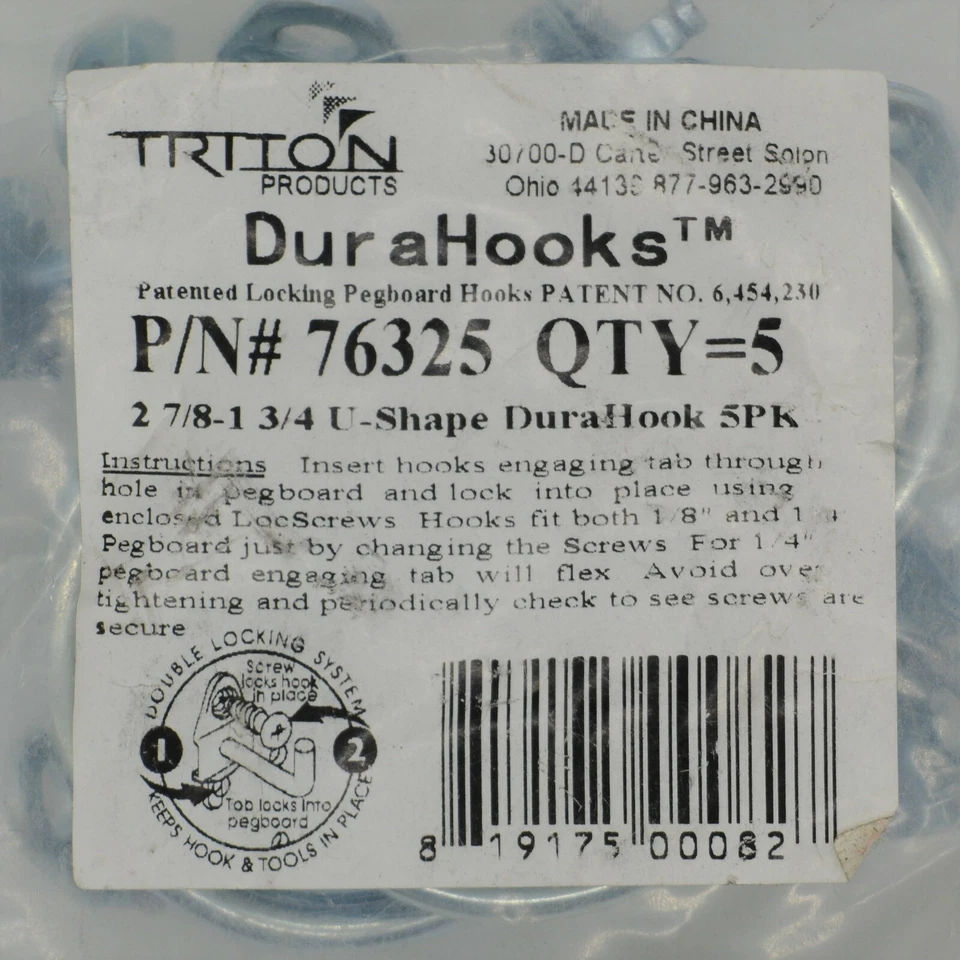Triton DuraHooks 76325 2 7/8" x 1 3/4" U Shape Hooks 5  Pack 1/8" -1/4" Pegboard - Image 2 of 4