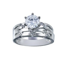 Sterling Silver Engagement Wedding CZ Stones Ring Set w/ 6 mm 1 ct Center CZ