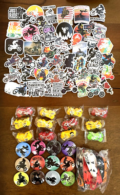 98 Piece Dirt Bike Party Favors: Bracelets, Key Chains,Pins, Stickers, Bikes-NEW