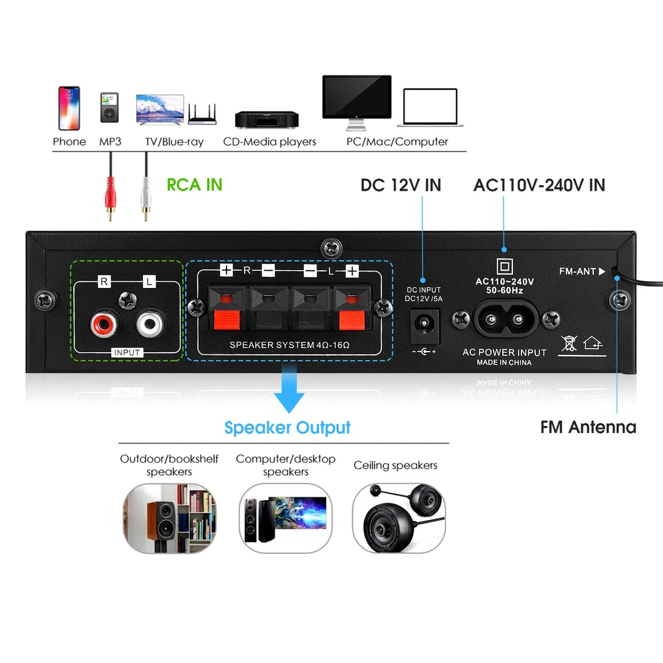 Mini Bluetooth 5.0 Amplifier USB Player Stereo Home/Car/Marine w/FM Audio Amp - Image 3 of 4