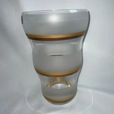 Bohemia Hand Made Crystalex Vase Clear & Etched Glass W/Gold Bands in Box Czech