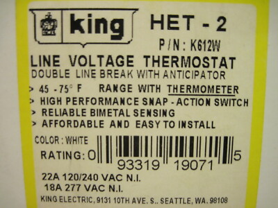 King Het-2 Line Voltage Thermostat Double Line Break w/Anticipator
