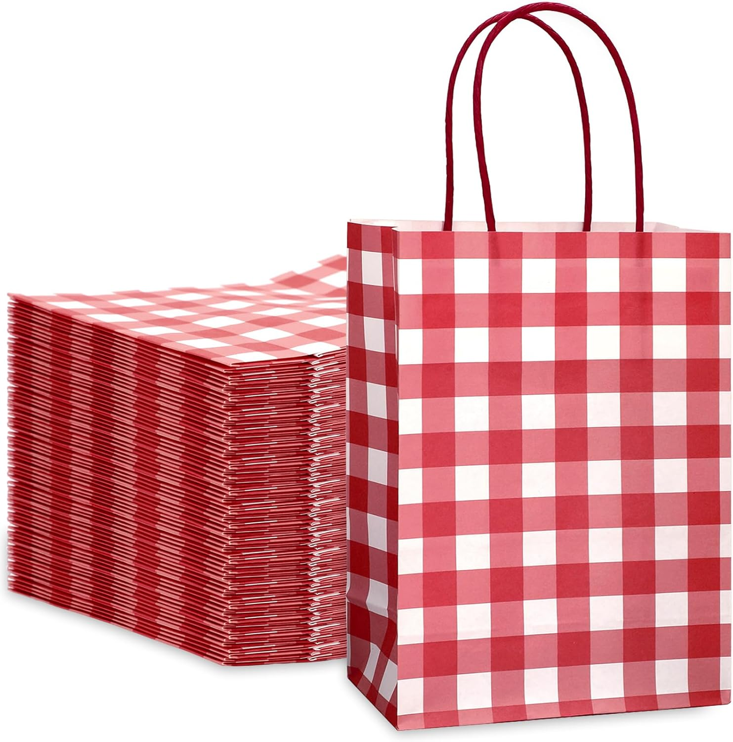 100Pcs Christmas Red White Checkered Kraft Paper Bags with Handles Gingham Treat