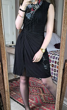 Desigual Little Black Cowl Neck Stretch Dress Large 10 12 Bodycon Jersey