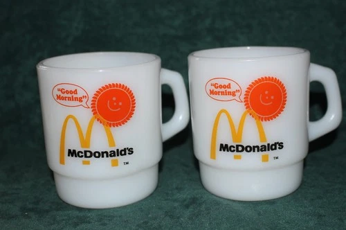 2 Vintage McDonalds Fire King Milkglass Good Morning Sunshine Mugs USA EUC