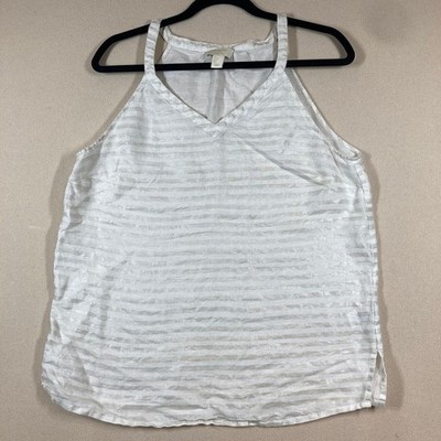 St. Tropez West Linen Tank Top Sz Large White/Silver Metallic Beach Vacation