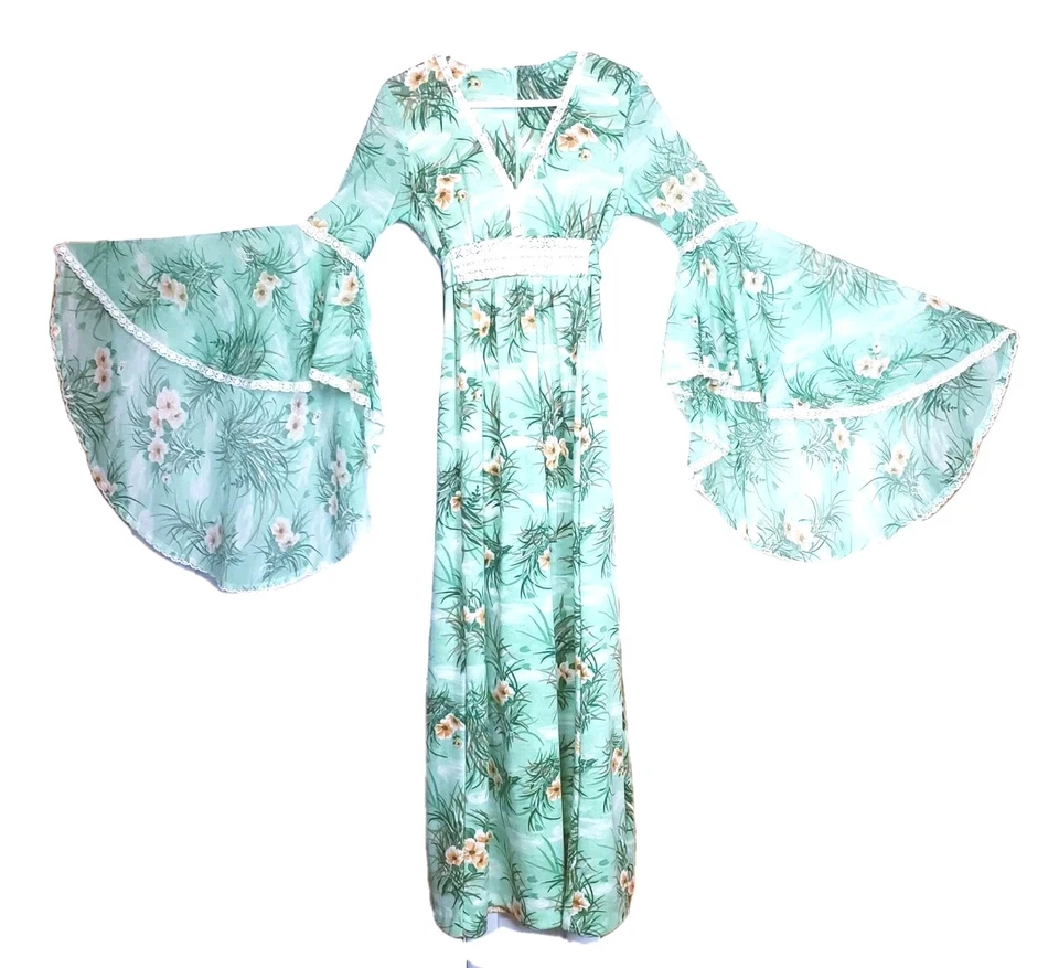 Maxi Vestido Boho Tropical Verde Genuino Vintage Años 70 Alas de Ángel S/M Cottagecore Foto 3 de 4