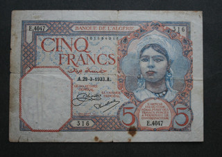 Billet Algérie Cinq Francs 29 3 1933