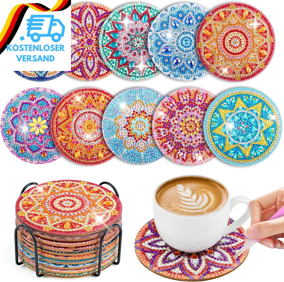 WUGU 10 Stück Diamond Painting Untersetzer Mit Halter, Diamant Tassenuntersetzer, Dia