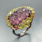 Rare carving 11 ct Natural Tourmaline Ring 925 Sterling Silver Size 8 /R470995