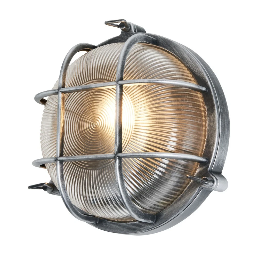 Luz de pared para exteriores Litecraft Remy redonda enjaulada plateada mampara clasificación IP44