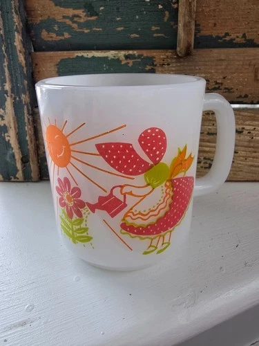 Glasbake Milk Glass Mug Flowers Everything Grows with Love SunGirl Pink Vintage