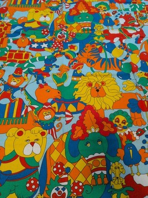 Vintage 90s Fabric Circus Animal Primary Colors Princess Cotton 42'' X 55'' 