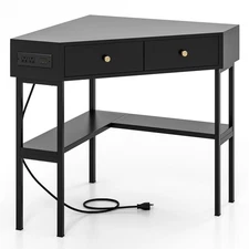 Corner Desk w/ Built-in Charging Station Open Shelves & Storage Drawers Office