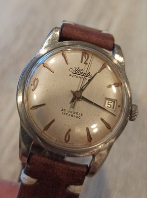 Atlantic Automatic 25 Jewels Datum Data Edelstahl Vintage Swiss Watch Men's 36mm