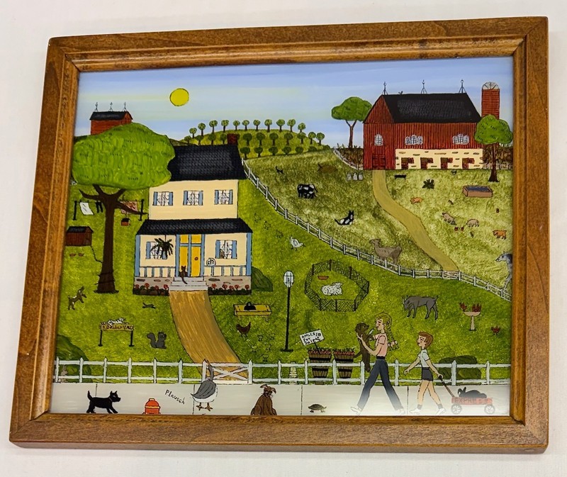 Framed Pat Lausch Reverse Painting Folk Art of R. Barber VMD Farmhouse & Barn