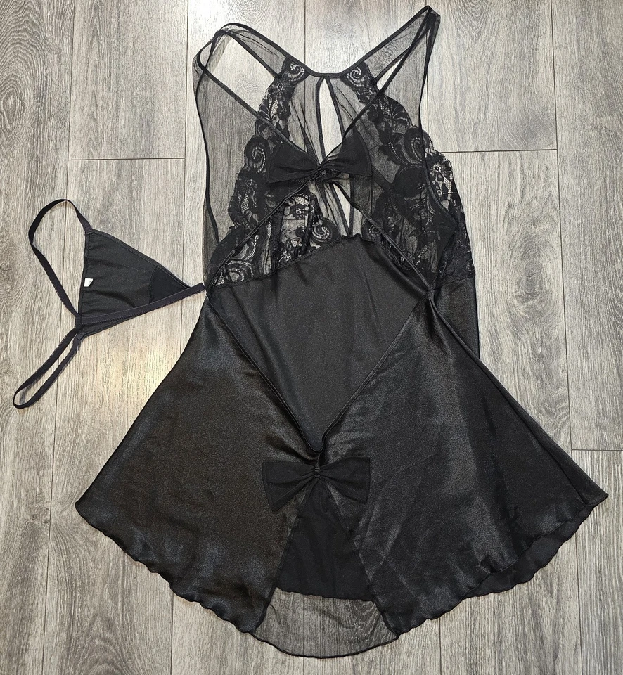 Conjunto de lencería babydoll de encaje transparente satinado Intimate Attitudes vintage negro 2X Foto 2 de 4