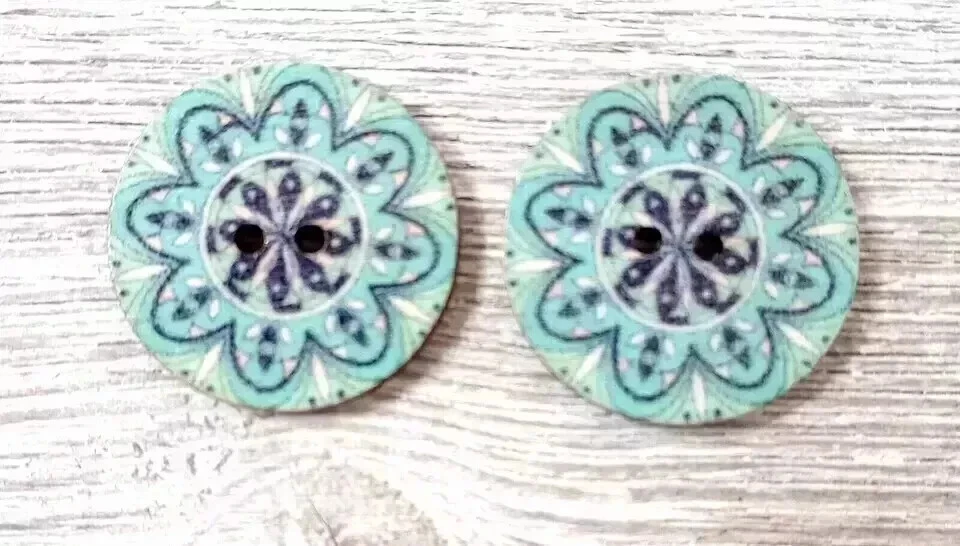 flowers boho wood sewing buttons 2 holes 1 inch blue (set 1301) - Image 2 of 2