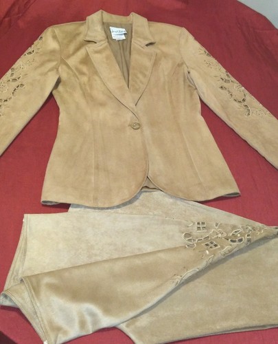 Traje Pantalones Vintage Joseph Ribkoff Marrón De Gamuza Imitación con Recortes Florales Talla 8 - Imagen 4 de 12