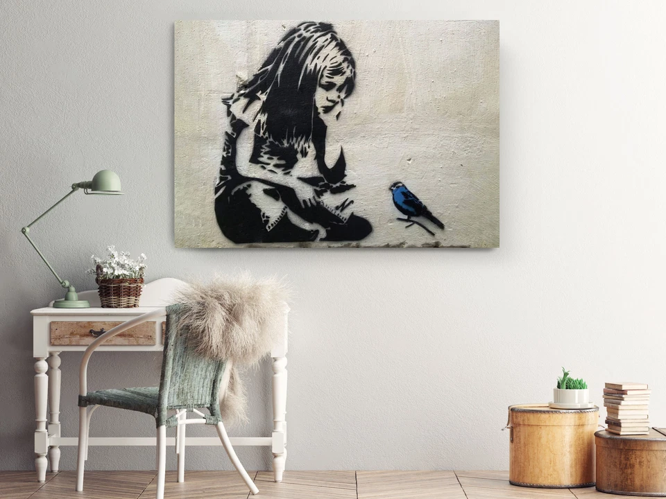 Banksy 帆布印花女孩蓝色鸟大号可悬挂城市艺术 — 第 3/4 张图片