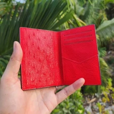 Real Black Red Ostrich Leather Cardholder Mini Bifold Unisex Wallet Handmade