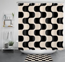 Black Abstract Geometric Weave Lines Beige Shower Curtain Set for Bathroom Decor