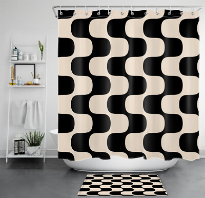 Black Abstract Geometric Weave Lines Beige Shower Curtain Set for Bathroom Decor