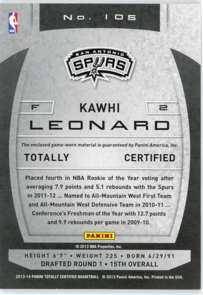 2013-14 Panini Totally Certified Kawhi Leonard Game Used Jersey #105 - Image 2 of 2