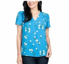 NWT HILARY RADLEY BLUE/OFF-WHITE FLORAL V-NECK SHORT SLEEVE BLOUSE SZ L #D188