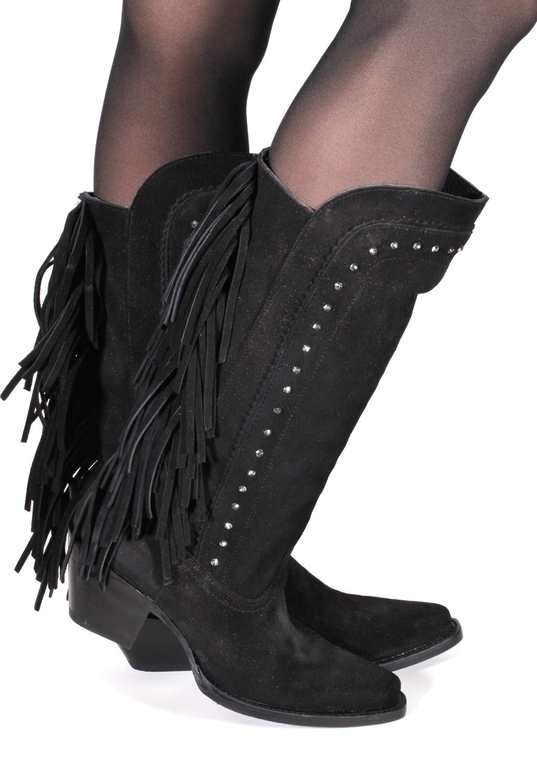 Botas de mujer botas vaqueras retro western flecos brillantes estilo catalán cuero 41