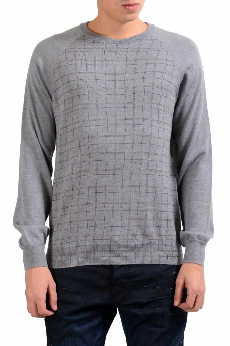 Мужской серый свитер в клетку с круглым вырезом от Armani Collezioni из 100 шерсти Размер XS S M L 20090₽