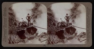 Japan Watching an eruption of steam and boiling mud half way up t - Old Photo