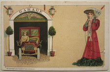 1909 Automobile Garage And Lady In Vintage Clothing On Phone. 5 38 X 3 38