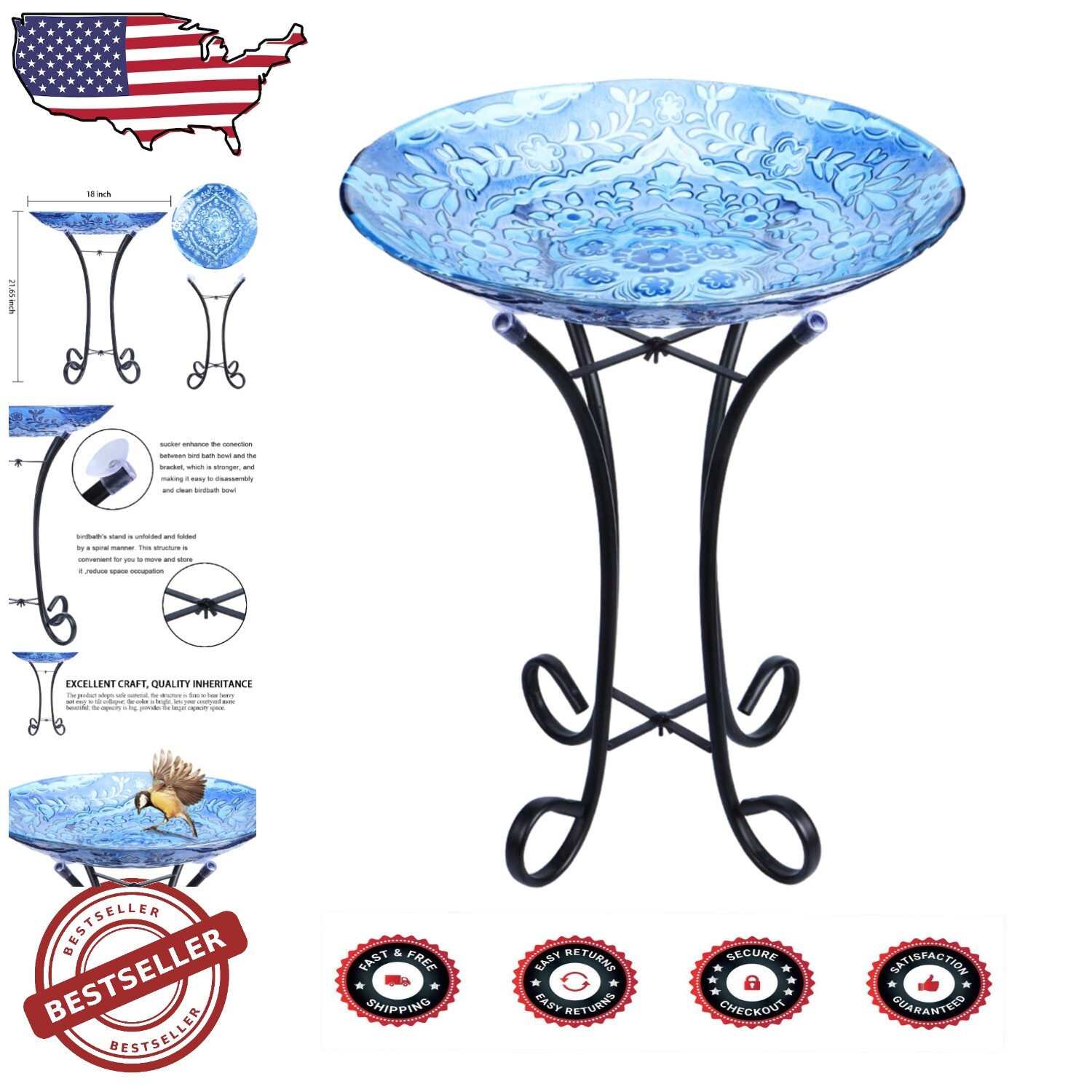 Elegant 21.65-Inch Glass Birdbath with Sturdy Metal Stand for Garden Decor