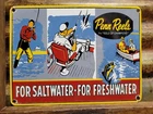 VINTAGE PENN REELS PORCELAIN SIGN OLD FISHING RODS TACKLE LURES BAIT SALTWATER