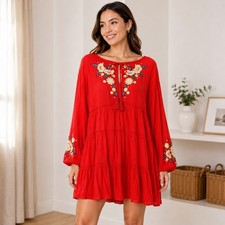 Free People Embroidered Tunic Dress Small Red Boho Tassel Tiered Cottagecore